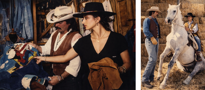 Hector Riccione 50 years - Hector in his historic store with customer, girl with white horse country western style, anniversary celebration