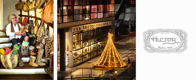 Hector Riccione on the stairs of his Ibiza shop with exotic leather bags and boots, Hector Riccione shop front in Riccione at night with illuminated teepee and Hector Riccione logo
